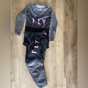 FLY Racing Kids Two-Piece Matching Set in Black and Gray with Pink Accent